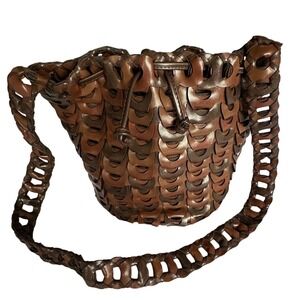 Y&S Vegan Leather Bucket Bag Brown Bronze Drawstring Shoulder Bag Boho